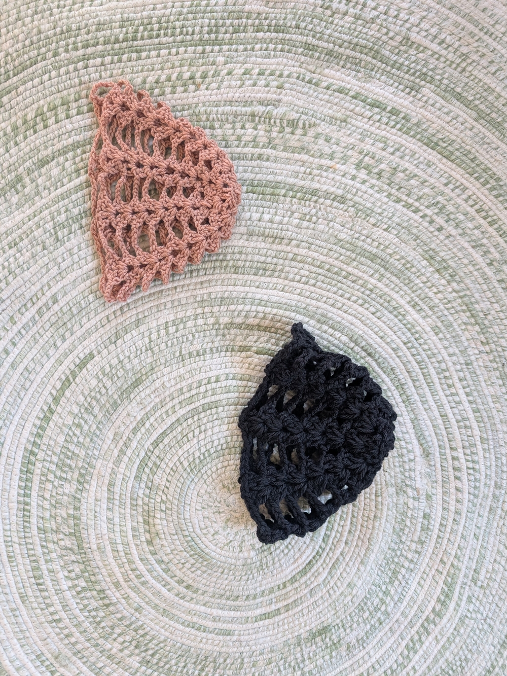Handmade Crochet Hair Net Benie Set in Dusty Rose and Black